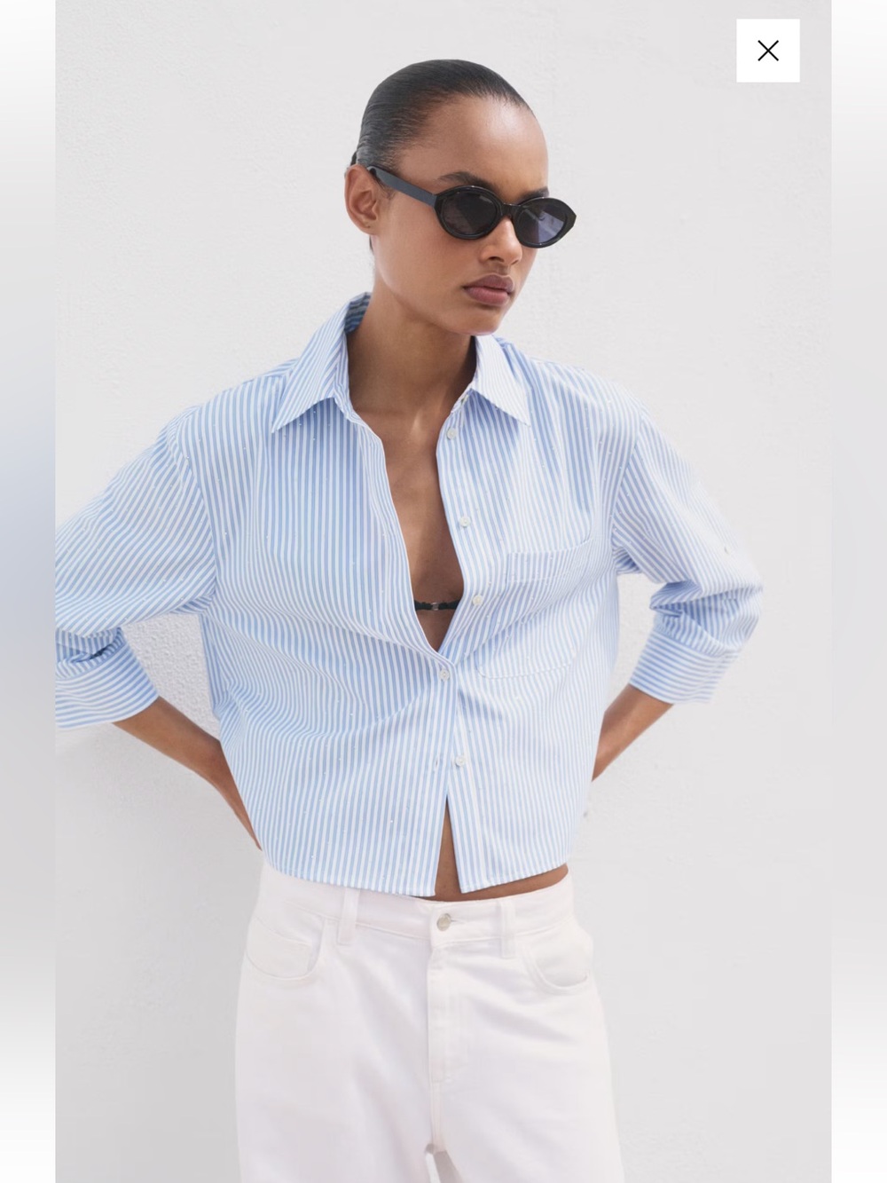 Mango Blue and White Striped Rhinestone Button-Down Shirt